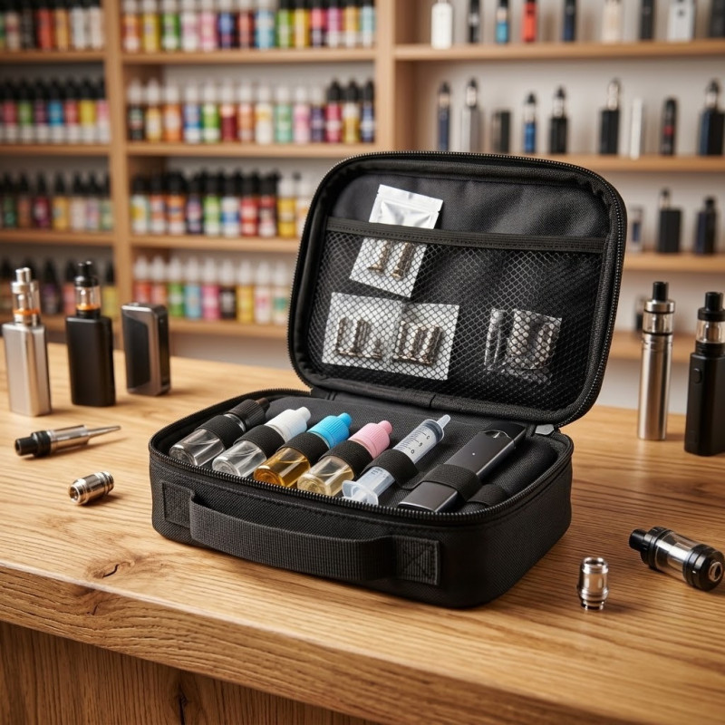 Sacoche de rangement noire ouverte avec flacons et matériel de vape