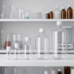 Bouteilles vides PET de différentes tailles sur une étagère DIY