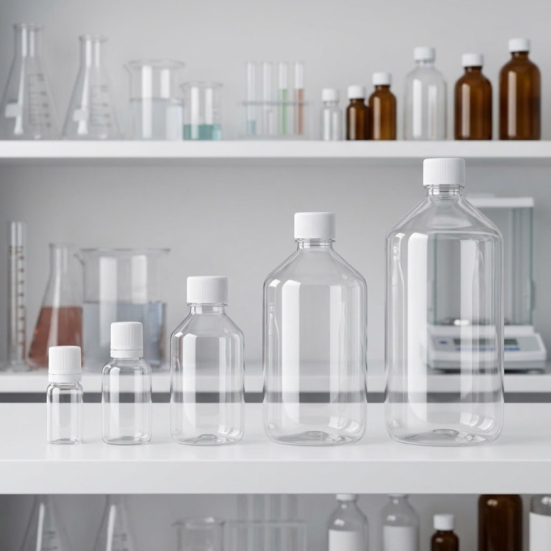 Bouteilles vides PET de différentes tailles sur une étagère DIY