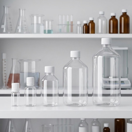 Bouteilles vides PET de différentes tailles sur une étagère DIY