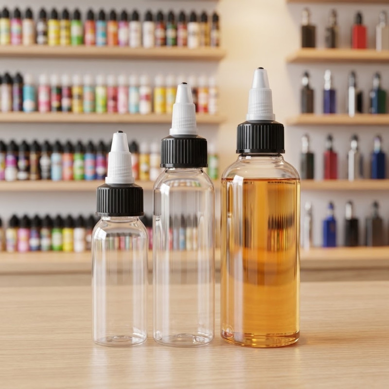 Flacons Twist 30, 60 et 120 ml sur un plan de travail DIY