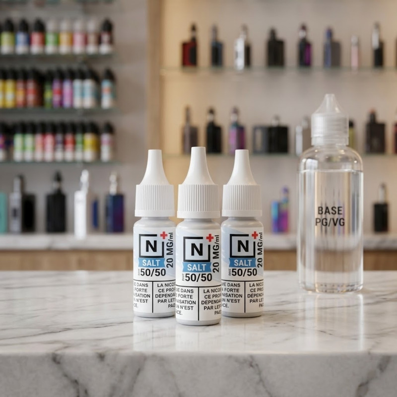 Boosters aux sels de nicotine N+ 20 mg pour e-liquide DIY sur table en marbre
