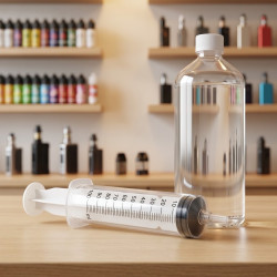 Seringue 100 ml sans aiguille à côté d'une bouteille de base 1 litre
