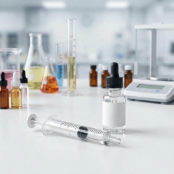 Seringue 2,5 ml sans aiguille et flacons sur un plan de travail DIY