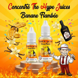 Concentré Banane Flambée The Hype Juices en flacons 10 ml et 30 ml avec la mascotte THJ