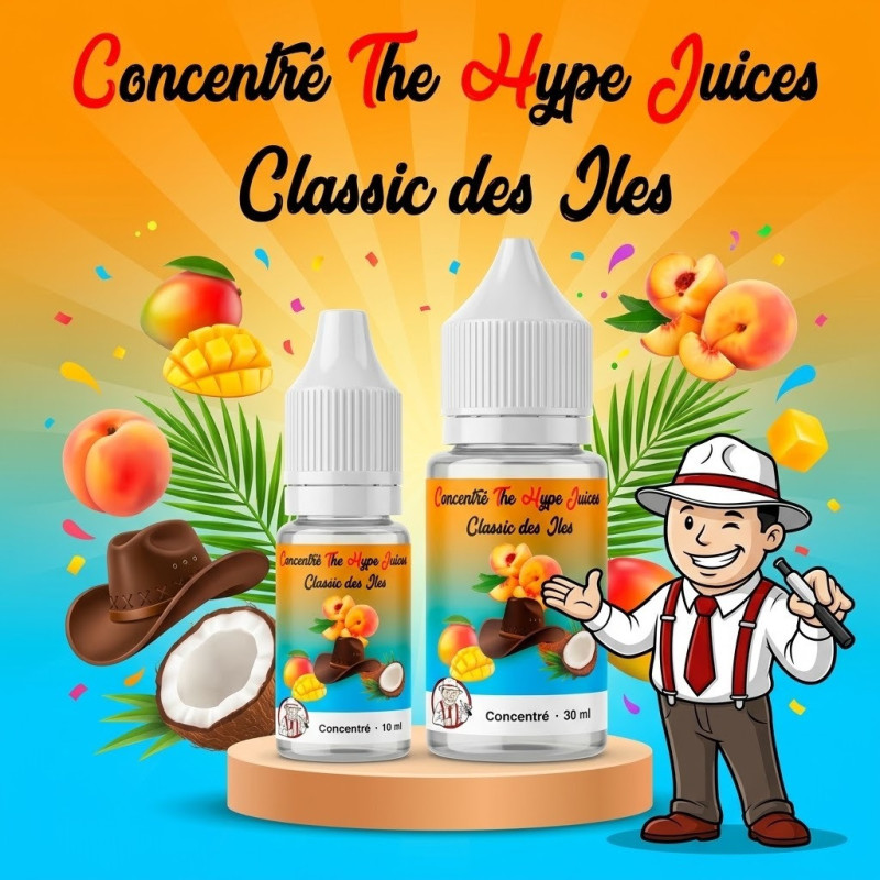 Concentré Classic des Îles The Hype Juices en flacons 10 ml et 30 ml avec la mascotte THJ