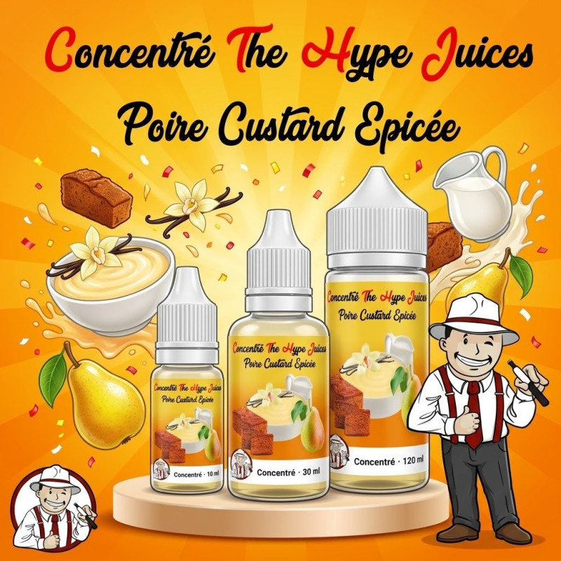Concentré Poire Épicée The Hype Juices en flacons 10 ml, 30 ml et 120 ml avec la mascotte THJ