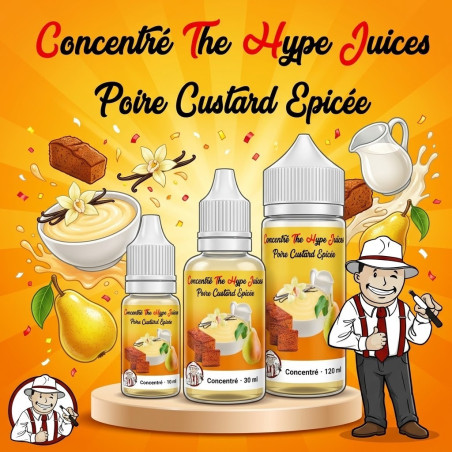Concentré Poire Épicée The Hype Juices en flacons 10 ml, 30 ml et 120 ml avec la mascotte THJ