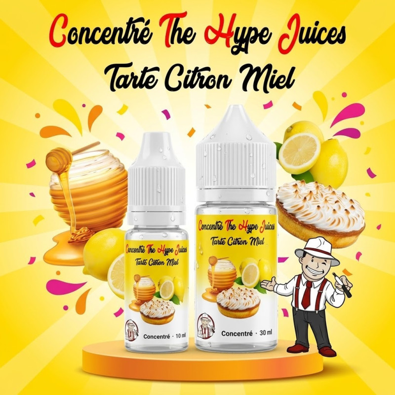 Concentré Tarte au citron et Miel The Hype Juices en flacons 10 ml et 30 ml avec la mascotte THJ