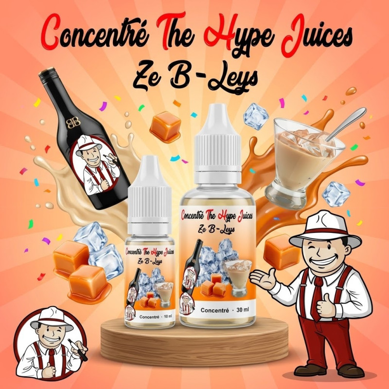 Concentré Ze B-Leys The Hype Juices en flacons 10 ml et 30 ml avec la mascotte THJ