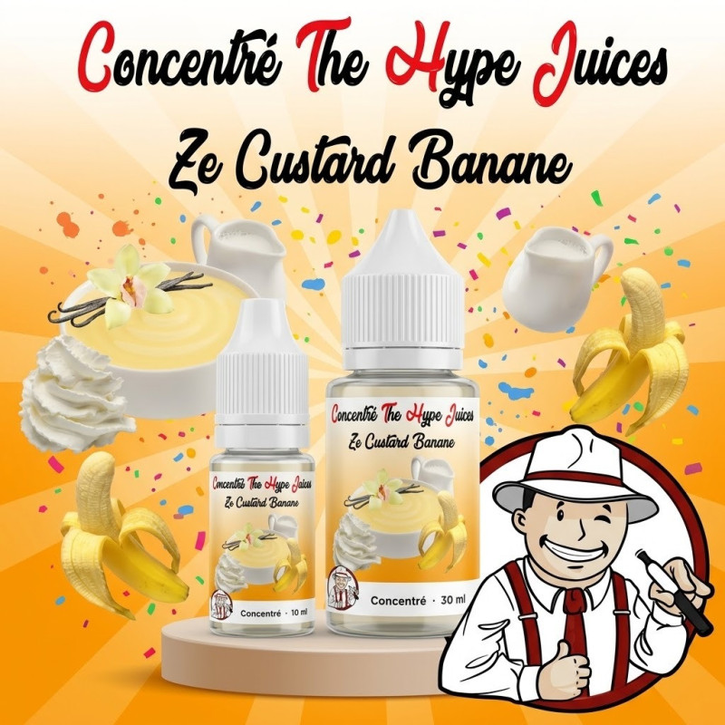 Concentré Ze Custard Banane The Hype Juices en flacons 10 ml et 30 ml avec la mascotte THJ