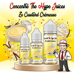 Concentré Ze Custard Crémeuse The Hype Juices en flacons 10 ml, 30 ml et 120 ml avec la mascotte THJ