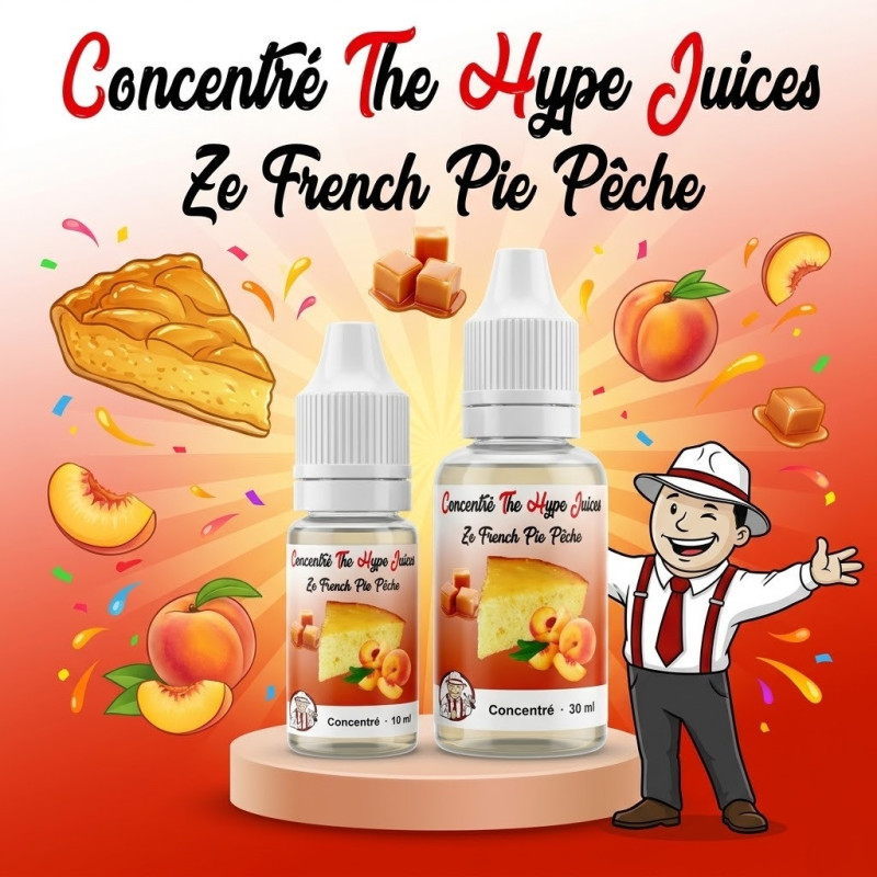 Concentré Ze French Pie Pêche The Hype Juices en flacons 10 ml et 30 ml avec la mascotte THJ