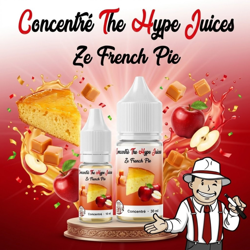 Concentré Ze French Pie Pomme The Hype Juices en flacons 10 ml et 30 ml avec la mascotte THJ