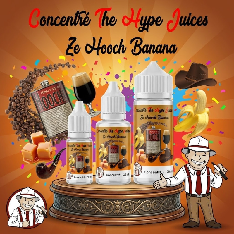 Concentré Ze Hooch Banana The Hype Juices en flacons 10 ml, 30 ml et 120 ml avec la mascotte THJ
