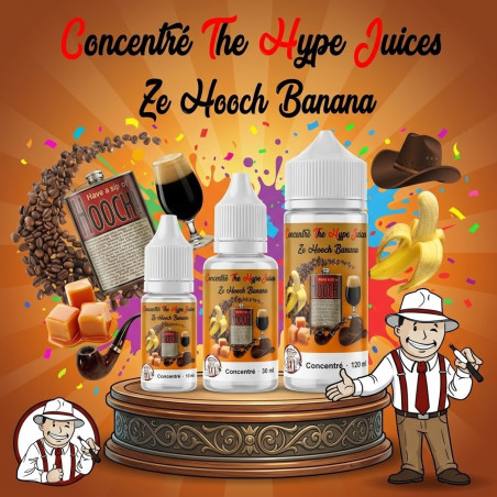 Concentré Ze Hooch Banana The Hype Juices en flacons 10 ml, 30 ml et 120 ml avec la mascotte THJ