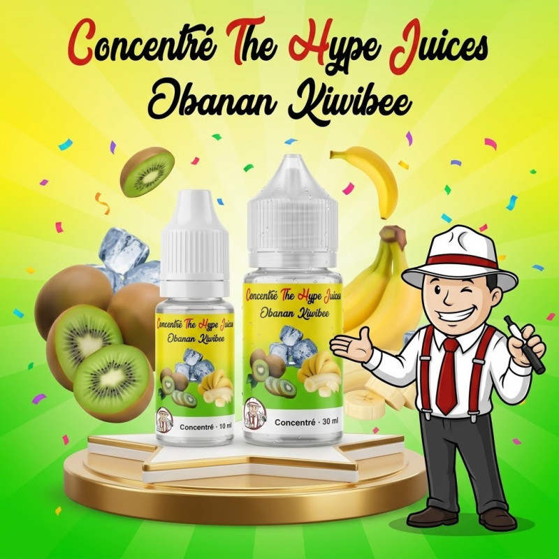 Concentré Obanan Kiwibee The Hype Juices en flacons 10 ml et 30 ml avec la mascotte THJ