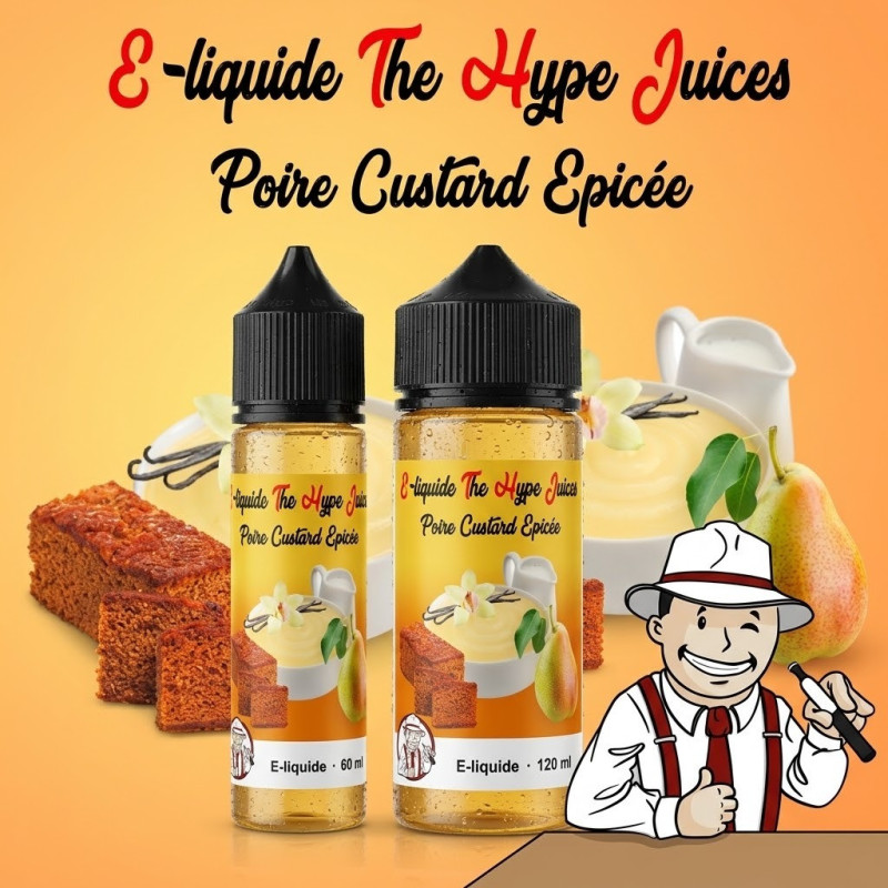E-liquide Poire Custard Épicée The Hype Juices en bouteilles 60 ml, 120 ml avec la mascotte THJ