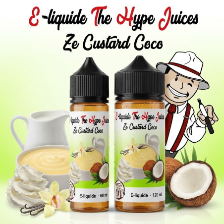 E-liquide Ze Custard Coco The Hype Juices en bouteilles 60 ml, 120 ml avec la mascotte THJ