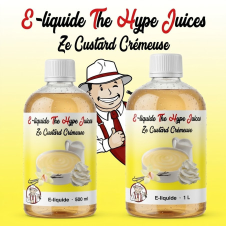 E-liquide Ze Custard Crémeuse The Hype Juices en bouteilles 500 ml, 1 L avec la mascotte THJ