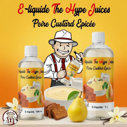 E-liquide Poire Custard Épicée The Hype Juices en bouteilles 500 ml, 1 L avec la mascotte THJ