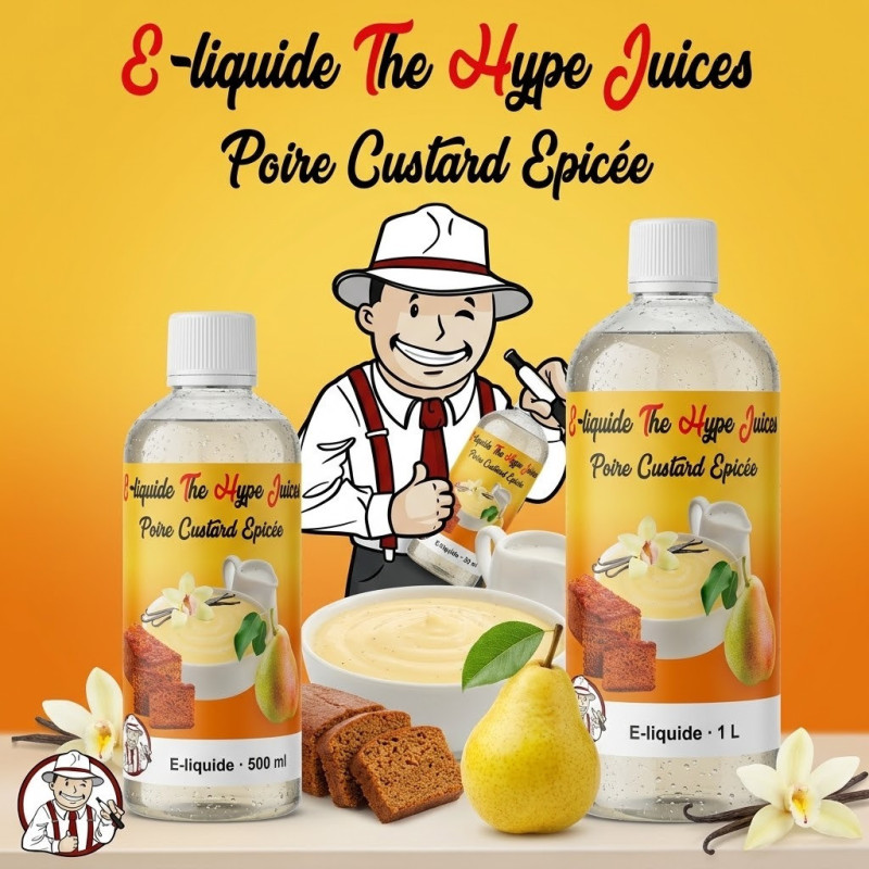 E-liquide Poire Custard Épicée The Hype Juices en bouteilles 500 ml, 1 L avec la mascotte THJ
