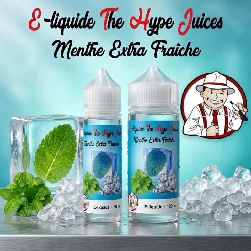 E-liquide Menthe Extra Fraîche The Hype Juices en bouteilles 60 ml, 120 ml avec la mascotte THJ