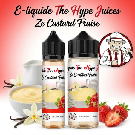 E-liquide Ze Custard Fraise The Hype Juices en bouteilles 60 ml, 120 ml avec la mascotte THJ