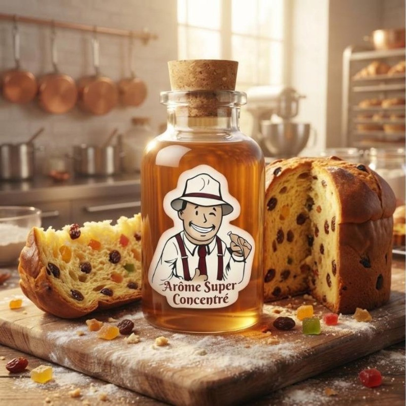 Arôme Panettone Super Concentré THJ, flacon devant un panettone aux fruits confits
