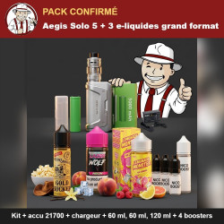 Pack Confirmé Aegis Solo 5 - kit + accu + chargeur + 3 e-liquides grand format + boosters