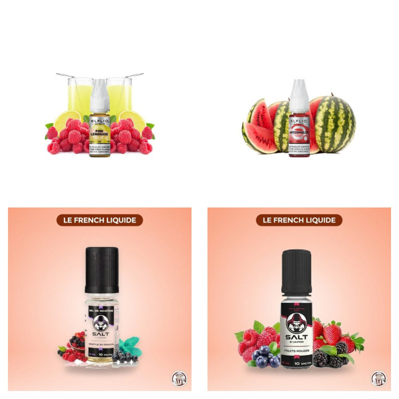 Pack découverte de quatre sels de nicotine fruités 20 mg en 10 ml Elfliq et Le French Liquide