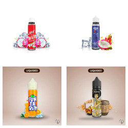 Pack découverte Liquideo : quatre e-liquides 50 ml Freeze Dragon, Mistyk, Funtastik et Melissa Xbud Dolls