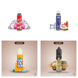 Pack découverte Liquideo : quatre e-liquides 50 ml Freeze Dragon, Mistyk, Funtastik et Melissa Xbud Dolls