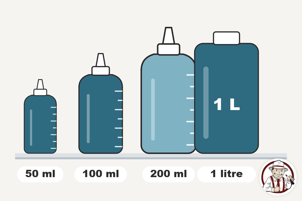 Illustration de flacons de 50 ml, 100 ml, 200 ml et 1 litre alignés sur une étagère