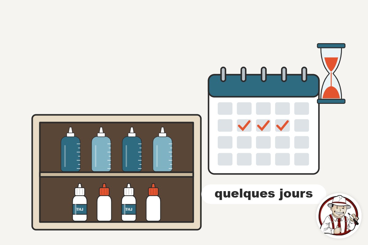 Illustration de flacons d'e-liquide DIY au repos dans un placard à côté d'un calendrier et d'un sablier
