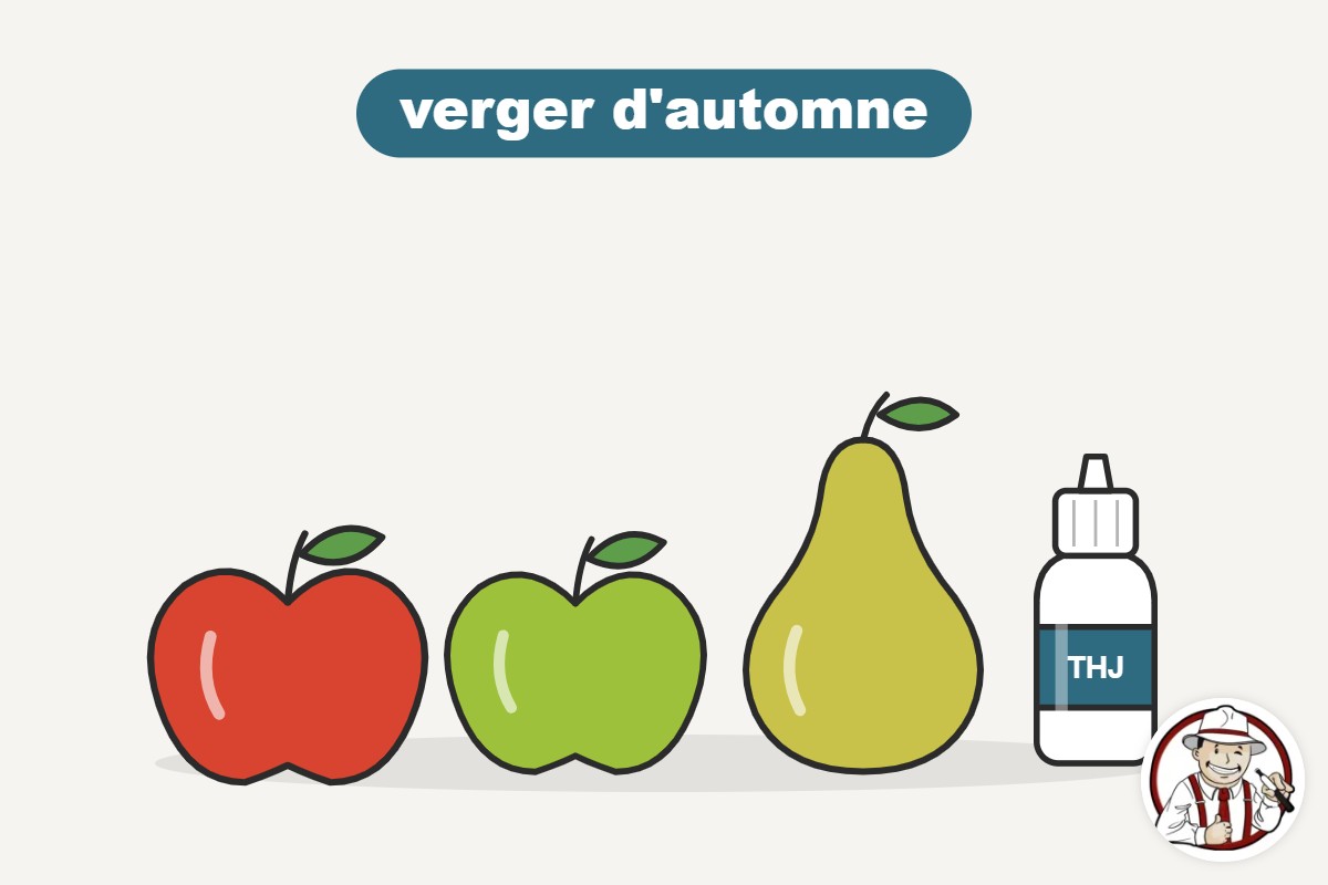 Recette e-liquide DIY fruitée Verger d'automne : illustration de pommes rouge et verte, d'une poire et d'un flacon d'arôme