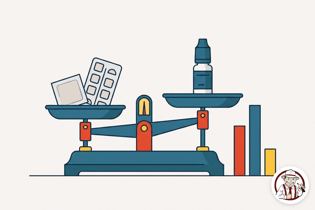 Illustration d'une balance comparant un patch et une gomme nicotiniques à un flacon d'e-liquide, à côté d'un graphique en barres
