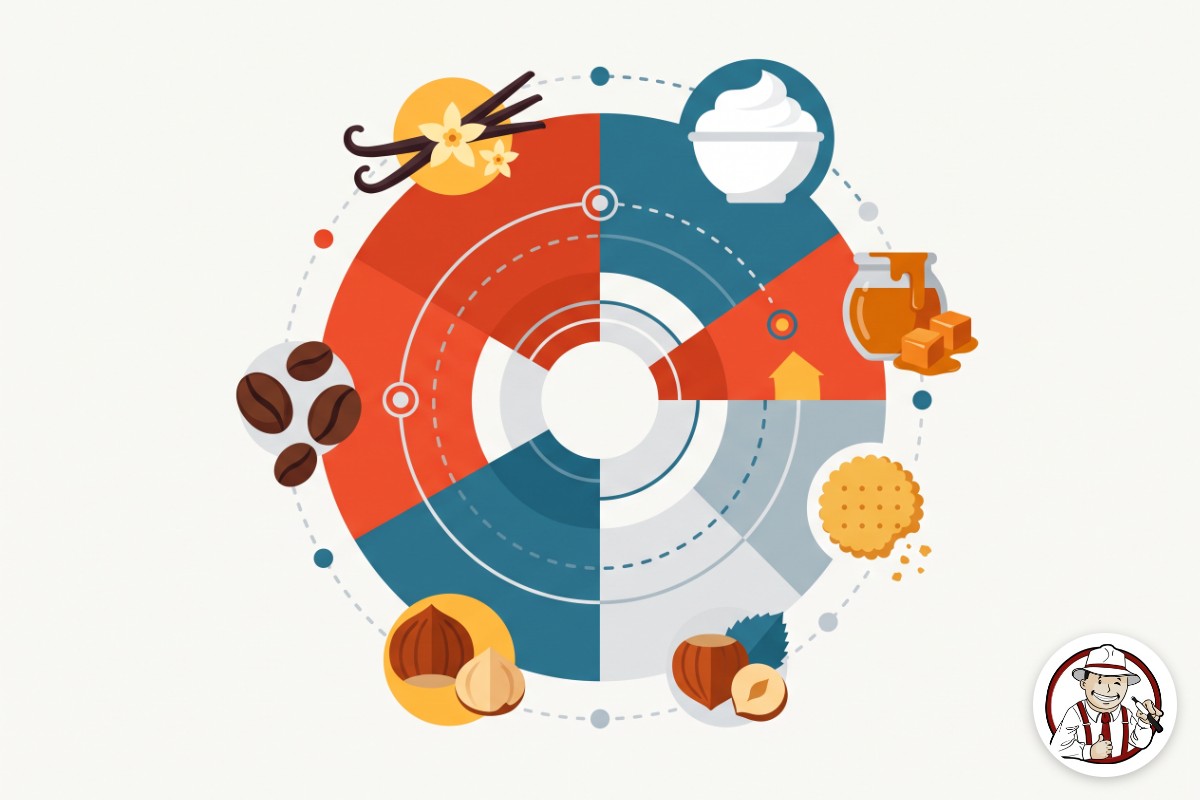 Illustration des notes gourmandes : vanille, crème, caramel, biscuit, noisettes et grains de café