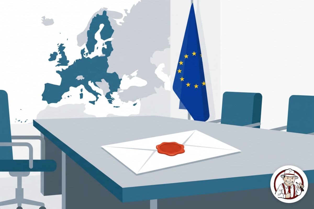 Illustration d'une lettre cachetée posée sur une table de réunion, devant une carte stylisée de l'Europe et un drapeau étoilé