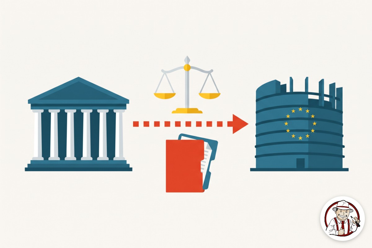 Illustration d'un palais de justice à colonnes relié par une flèche à un bâtiment européen étoilé, avec une balance et un dossier entre les deux