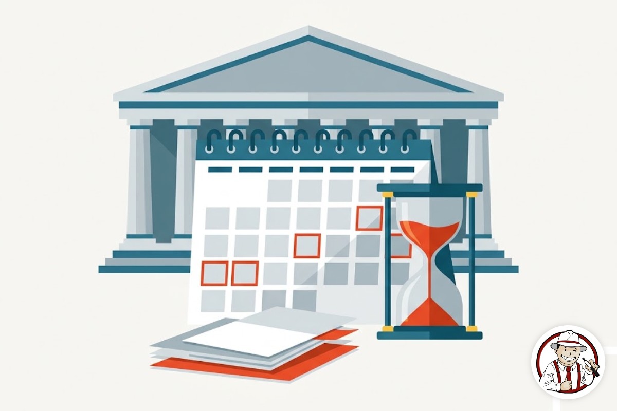 Illustration d'un calendrier aux dates entourées en rouge et d'un sablier devant un bâtiment parlementaire à colonnes