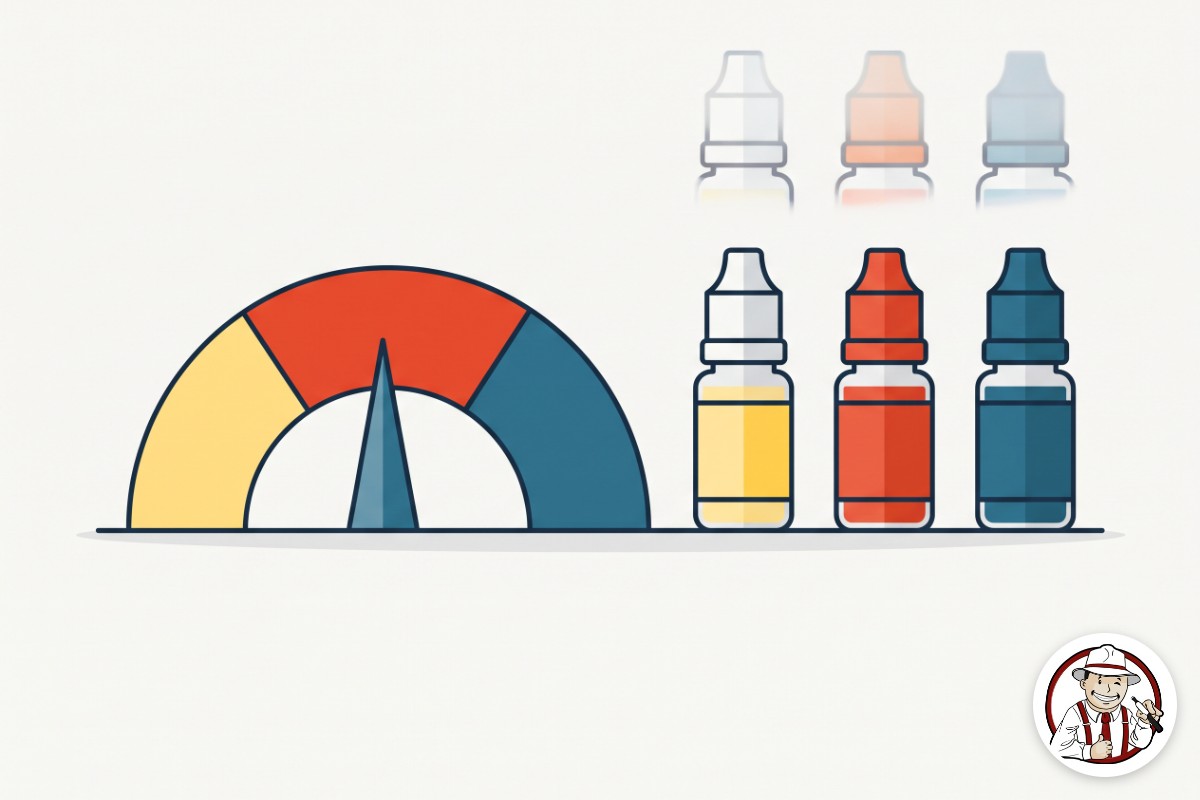 Jauge de dépendance au tabac à côté de trois flacons d'e-liquide aux taux de nicotine différents