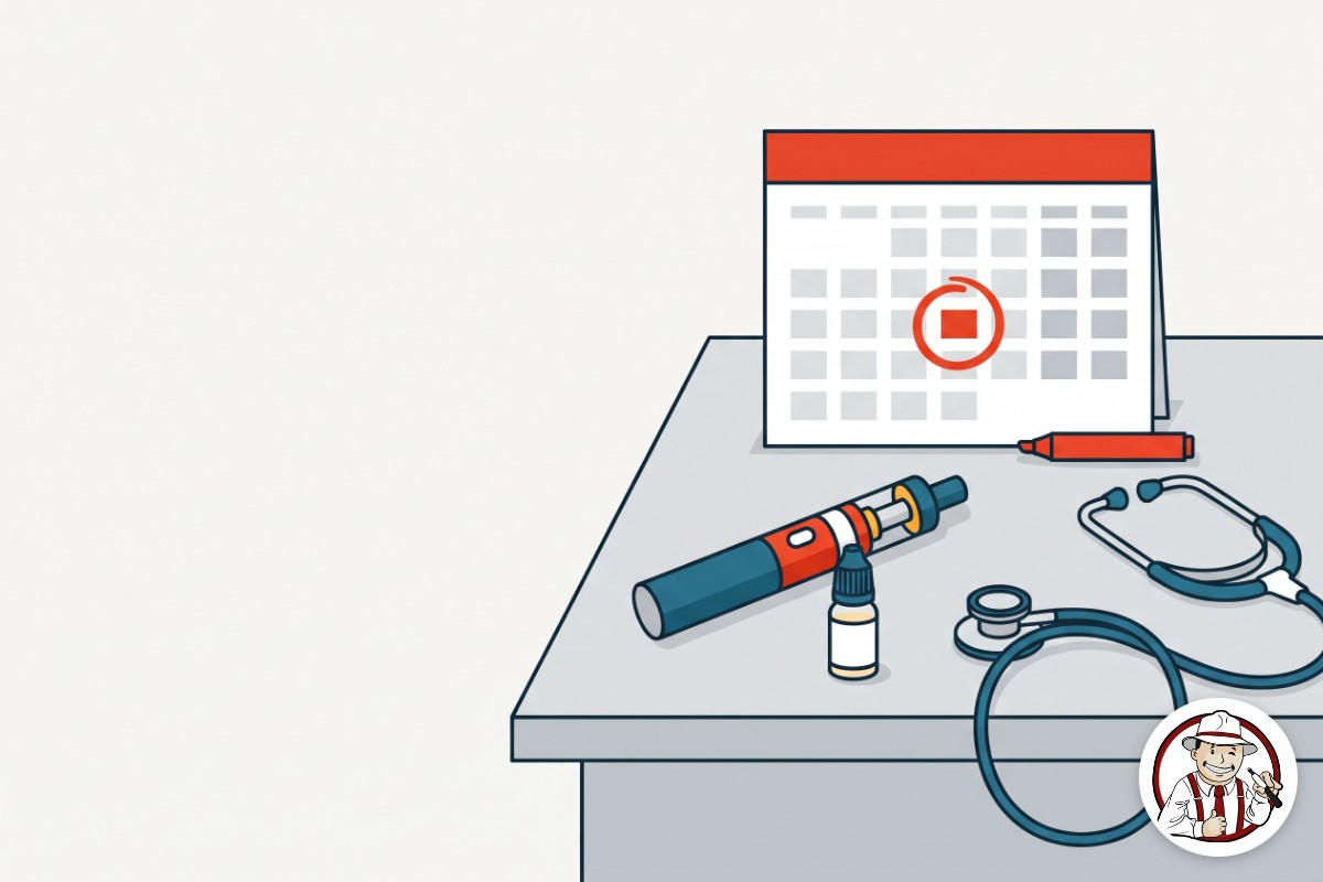 Calendrier avec une date d'arrêt entourée, un kit à réservoir posé à côté et un stéthoscope symbolisant l'accompagnement