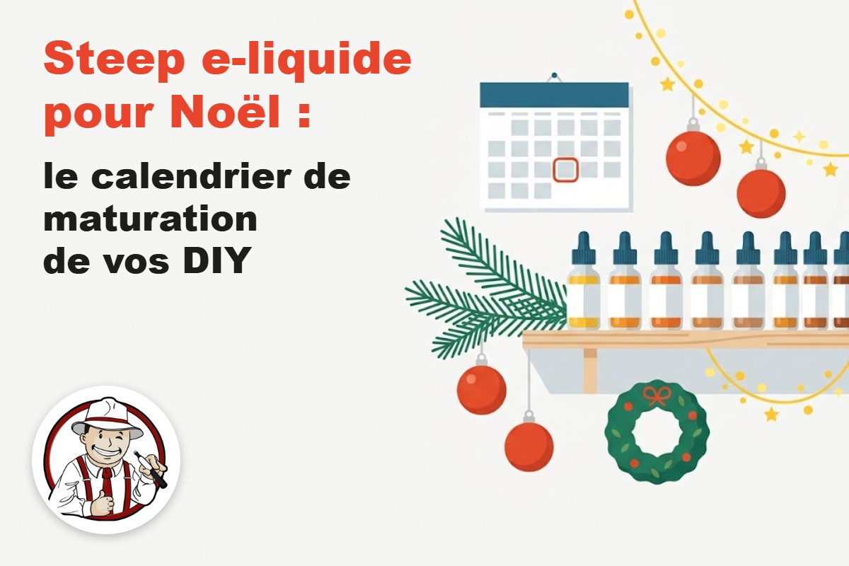 Steep e-liquide pour Noël : étagère de flacons de DIY aux étiquettes vierges, décorée d'une branche de sapin, de boules et d'une couronne de Noël, sous un calendrier