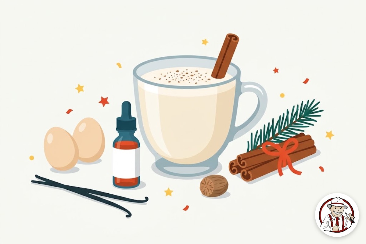 Tasse de lait de poule saupoudrée de muscade, entourée d'œufs, de vanille, de cannelle et d'un petit flacon à étiquette vierge