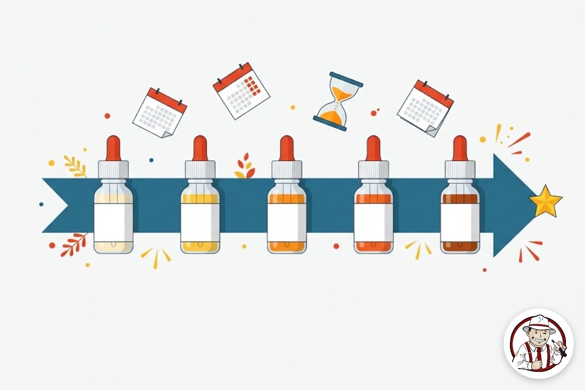 Temps de maturation d'un e-liquide : ligne du temps avec cinq flacons dont le liquide fonce progressivement, un sablier et des feuilles de calendrier