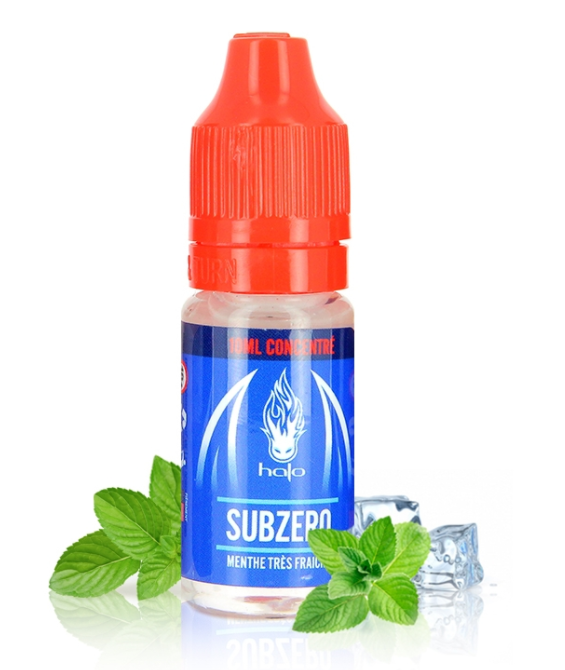 Arôme concentré cigarette électronique Subzero menthe très fraîche, flacon 10 ml avec feuilles de menthe et glaçons.