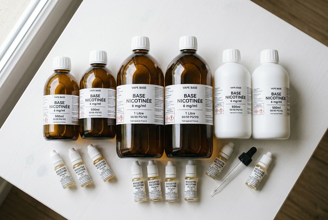Base nicotinée 1 litre 6 mg: flacons ambrés et blancs contenant différentes bases e-liquide pour DIY, avec pipettes et boosters nicotiniques.