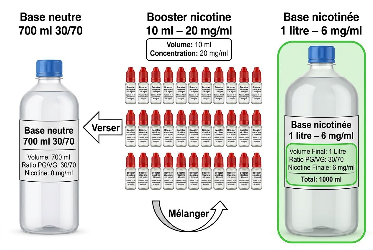 Base nicotinée 1 litre – 6 mg/ml illustrée, affichant le flacon final étiqueté 6 mg/ml et le mélange final PG/VG 30/70 pour DIY.