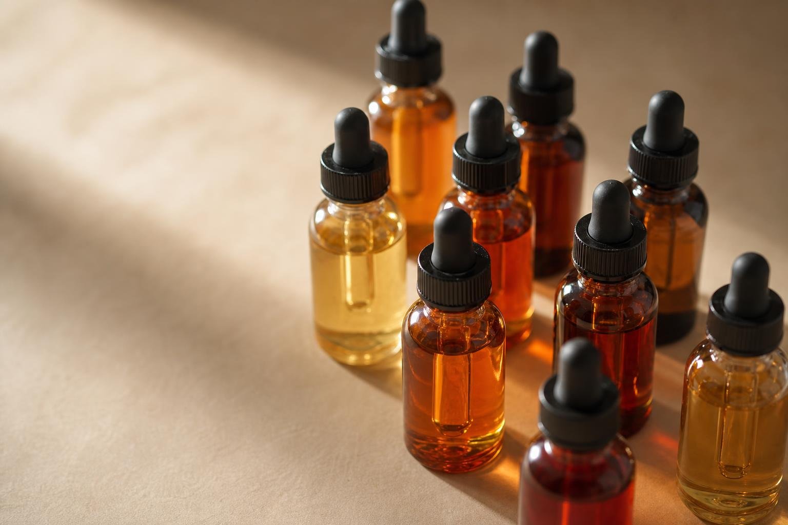 Bouteilles d'arômes concentrés pour e-liquide avec Pipettes dropper, en tons ambrés et jaunes sur fond clair. Arome concentre e liquide.